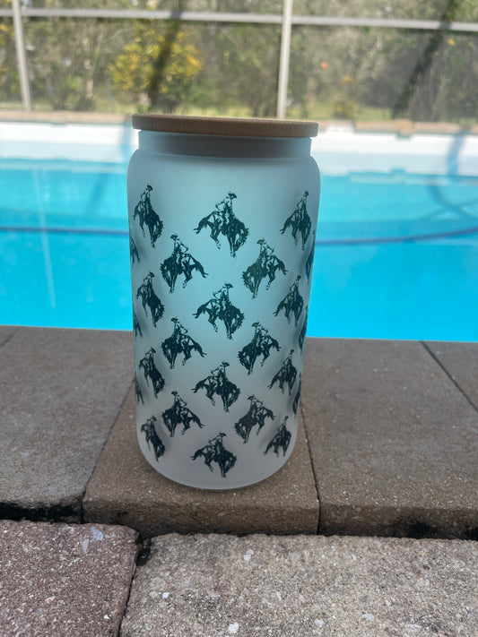 Rodeo Bronc Bucking Frosted Glass 16 oz Western Tumbler